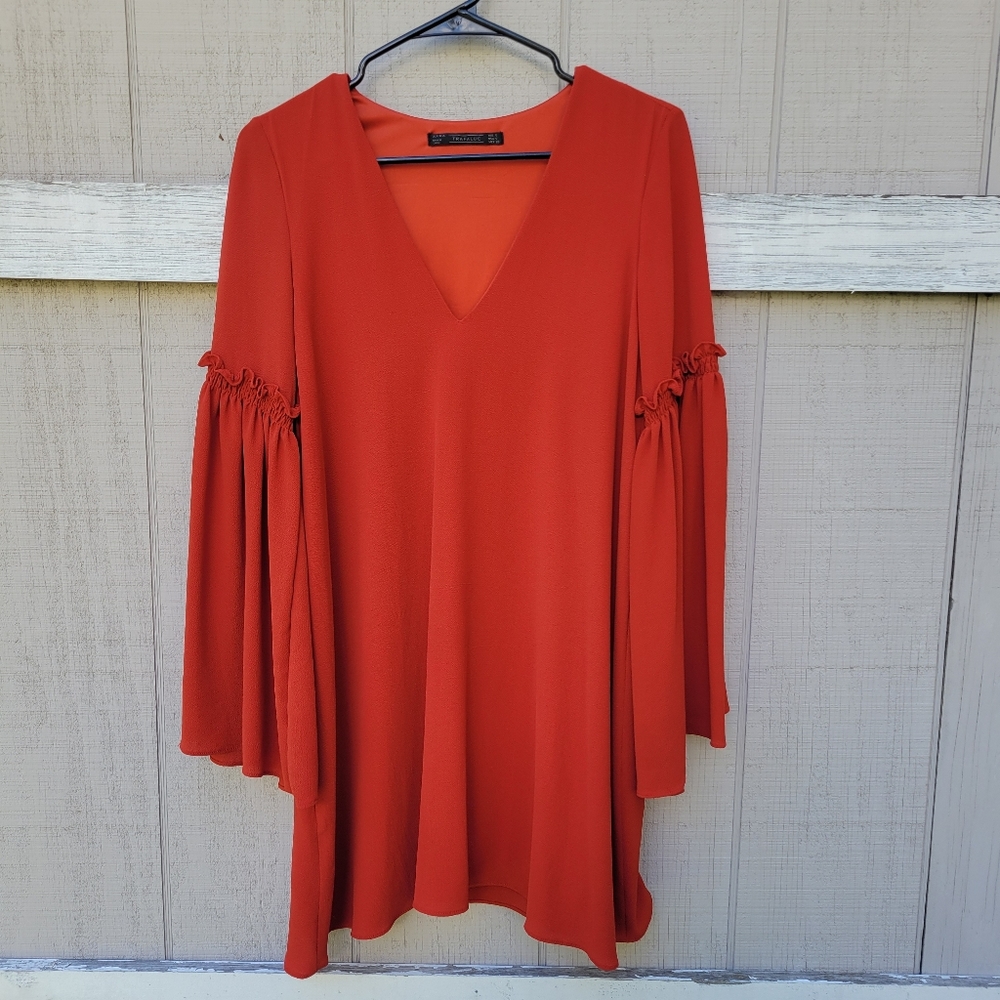 Zara Trafaluc Blood Orange V-Neck Ruffle Bell Sleeve Shift Mini Dress Small